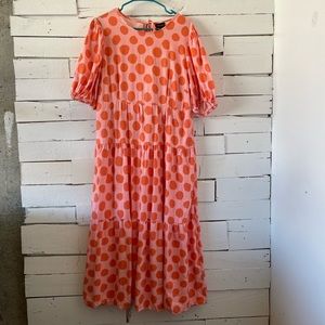 Who What Wear  Pink and Orange Polka Dot Retro Long Dress. Linen blend. Size S